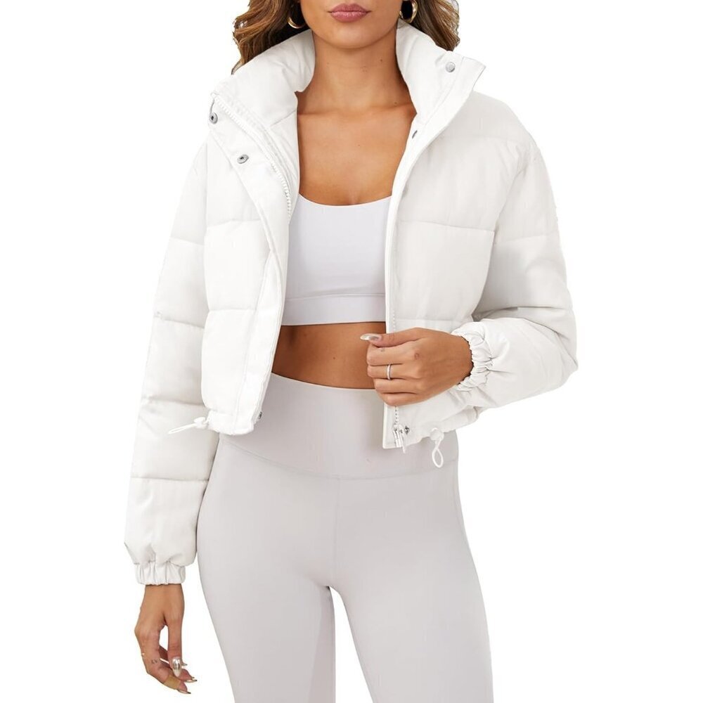 Women's Cropped Puffer Jacket Long Sleeve Puffy Coat Stand Collar Zip UP White